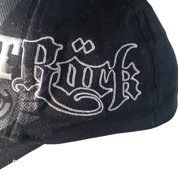 a black hat with white lettering on it