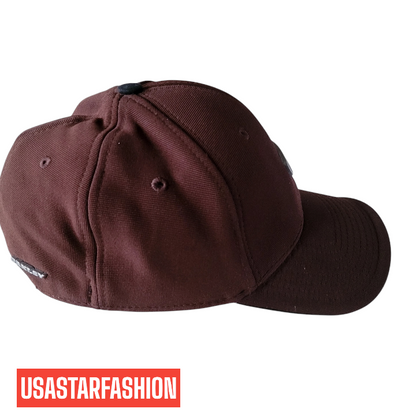 a brown hat with a black patch on it