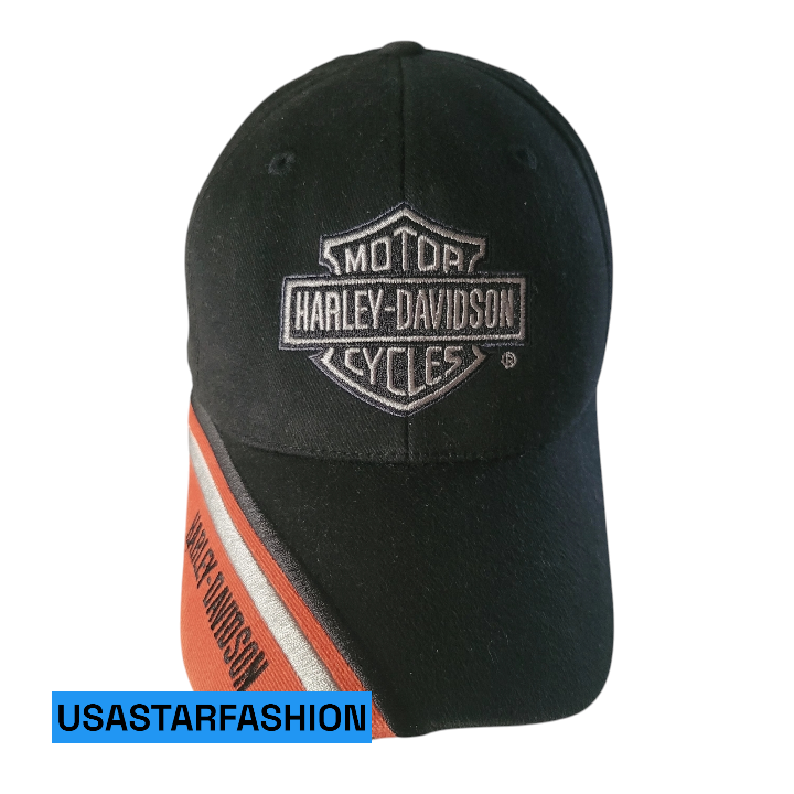 a black hat with a harley davidson logo on it