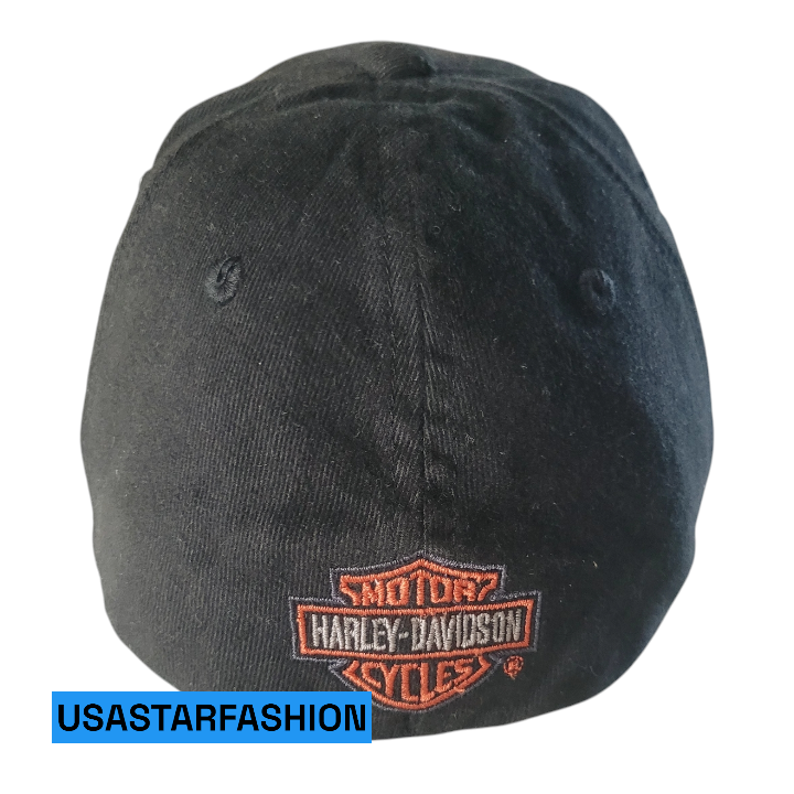 a black hat with a harley davidson logo on it