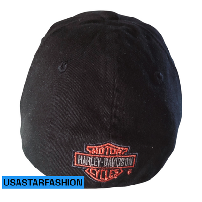 a black hat with a harley davidson logo on it