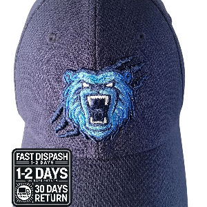 a blue hat with a bear head on it