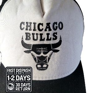 a chicago bulls hat with the word chicago bulls on it