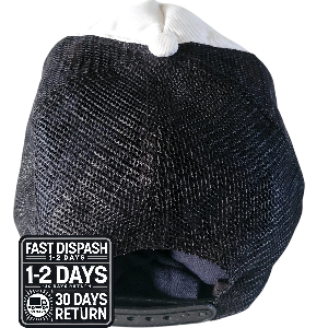 a black hat with a white patch on it