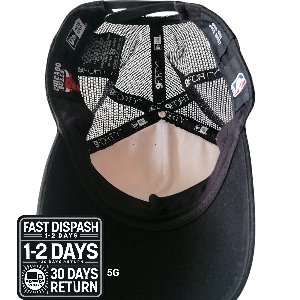 the back of a black hat with white mesh on it