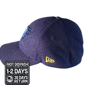 a baseball cap with a blue and yellow logo on it