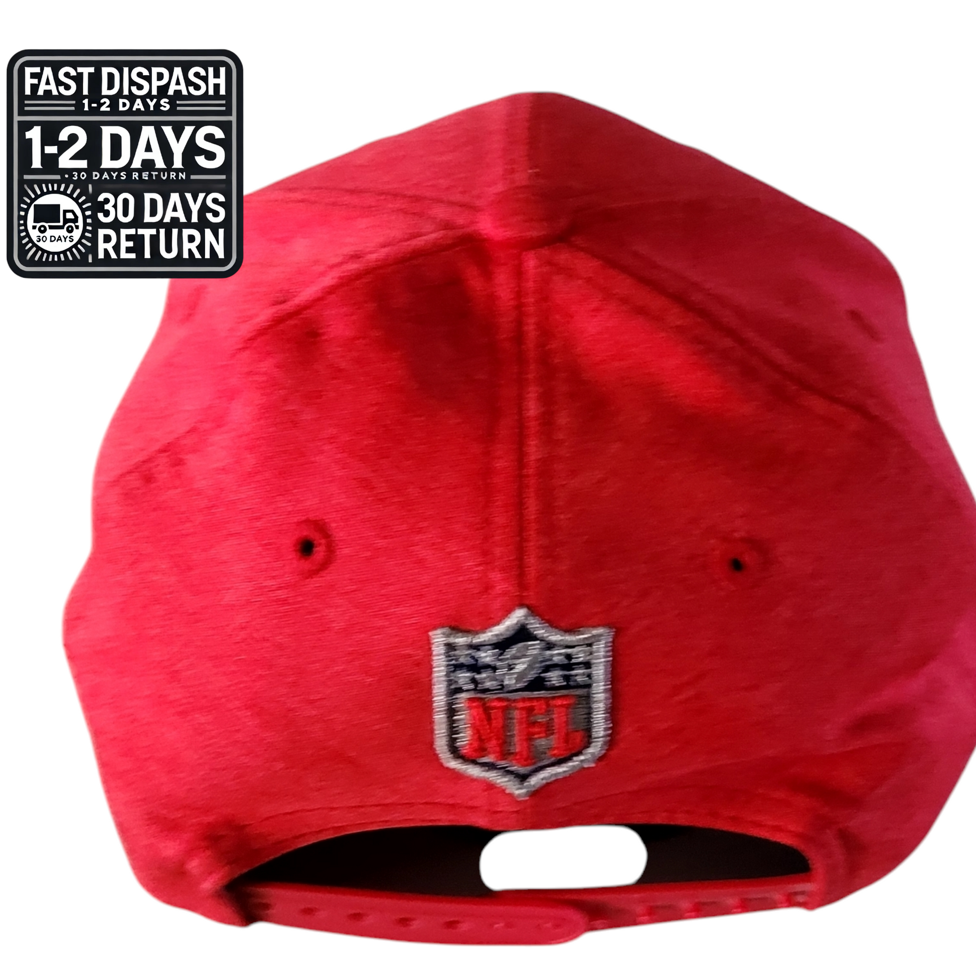 a red hat with a silver emblem on it