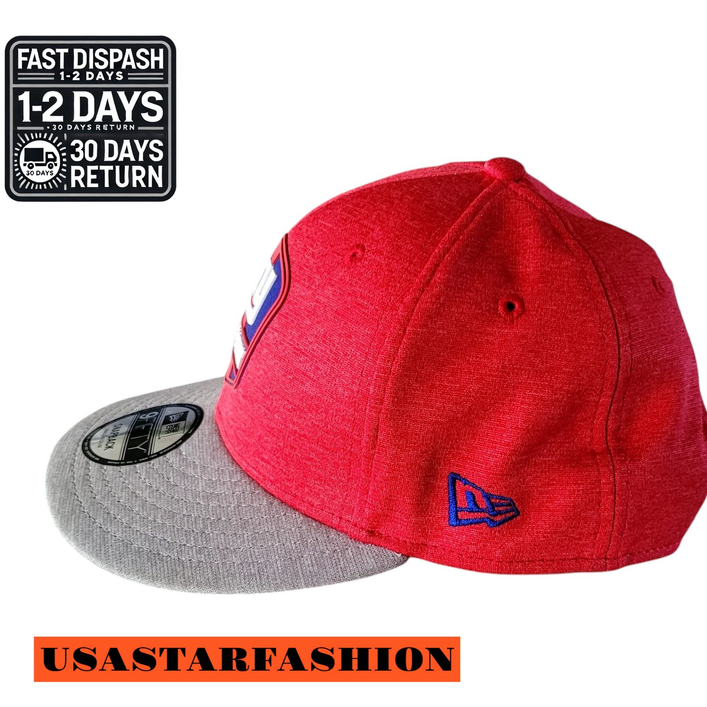 a red and grey hat with the words fast fashion on it