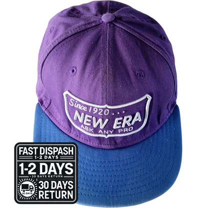 a purple and blue hat with the words new era on it