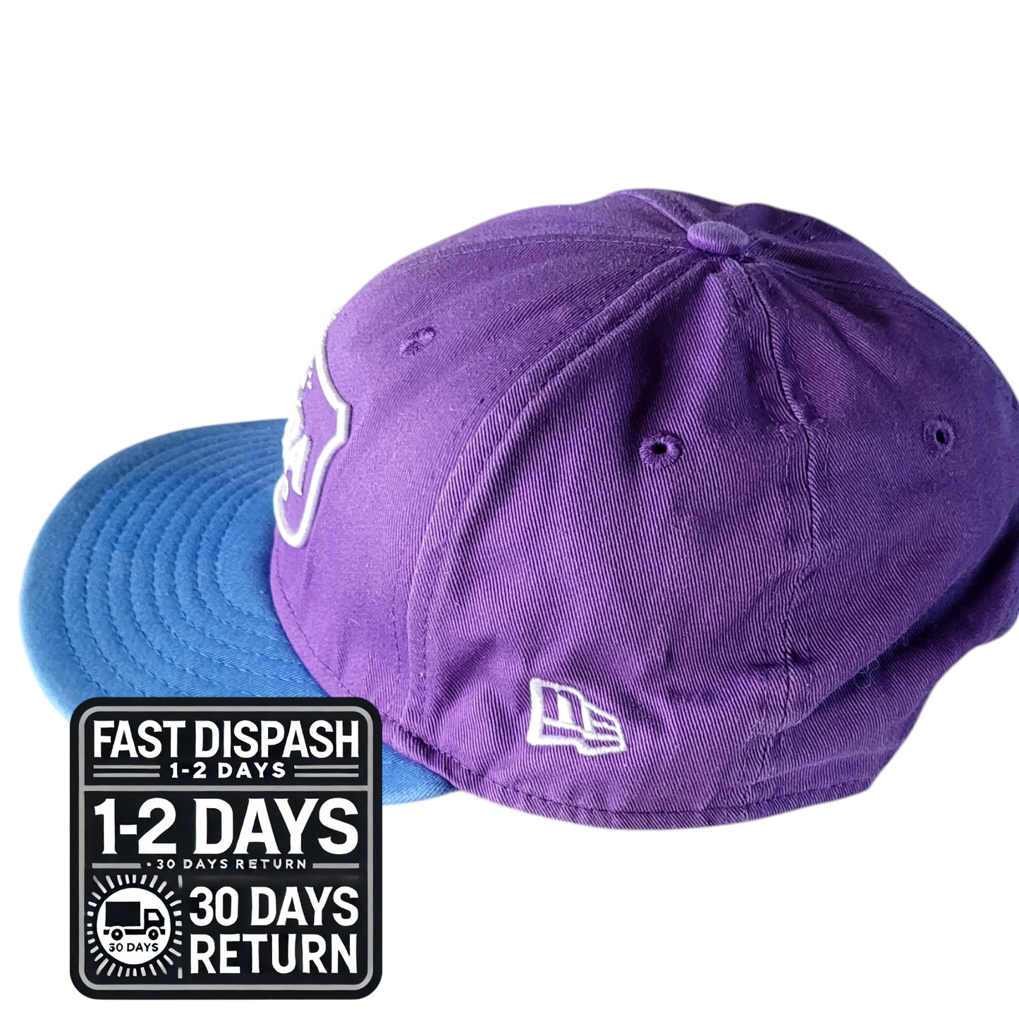 a purple and blue hat with a fast dispatch sticker on it