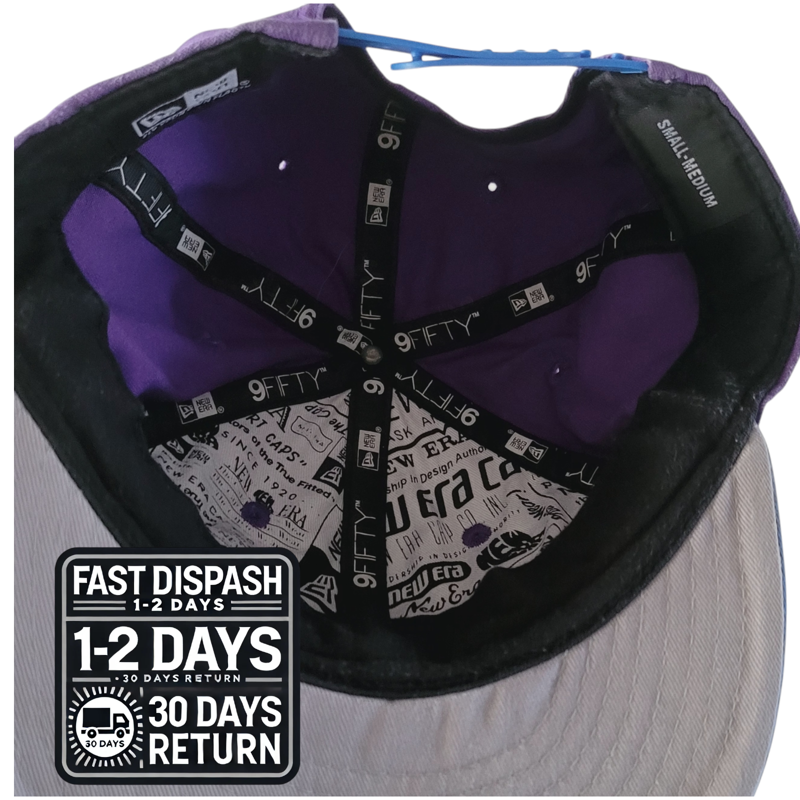 the back of a purple and black hat