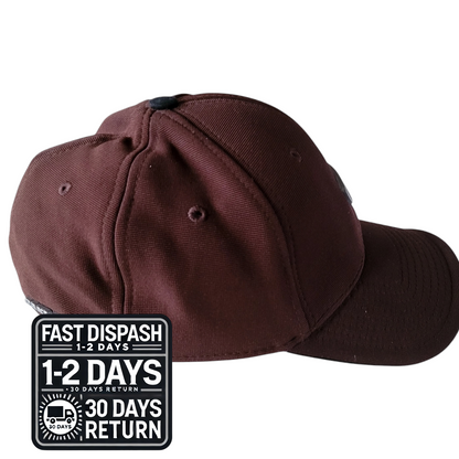 a brown baseball cap with a fast dish logo on it