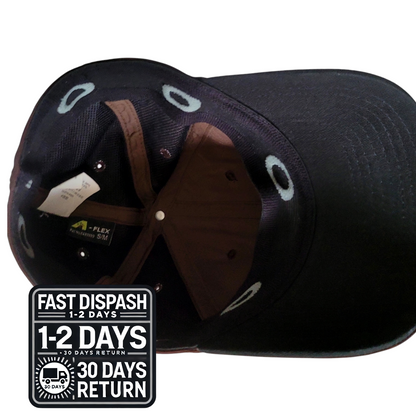 a black hat with a brown ribbon around it