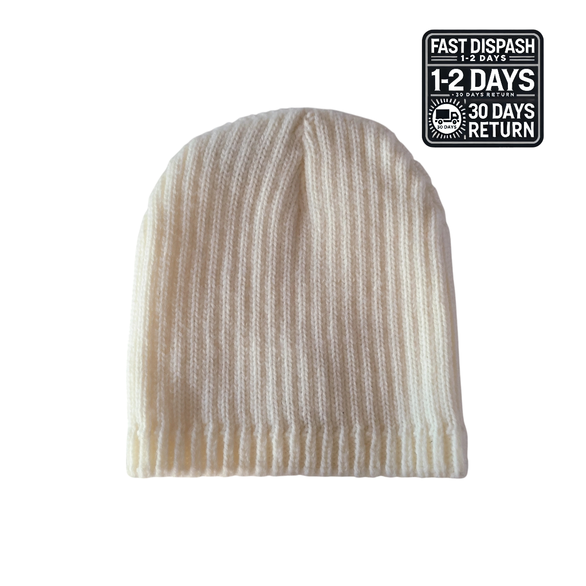 a white beanie hat with the fast dispatch logo on it