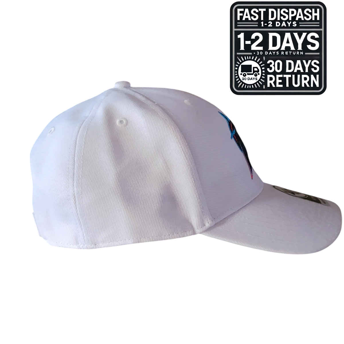 a white baseball cap with the fast dish logo on it