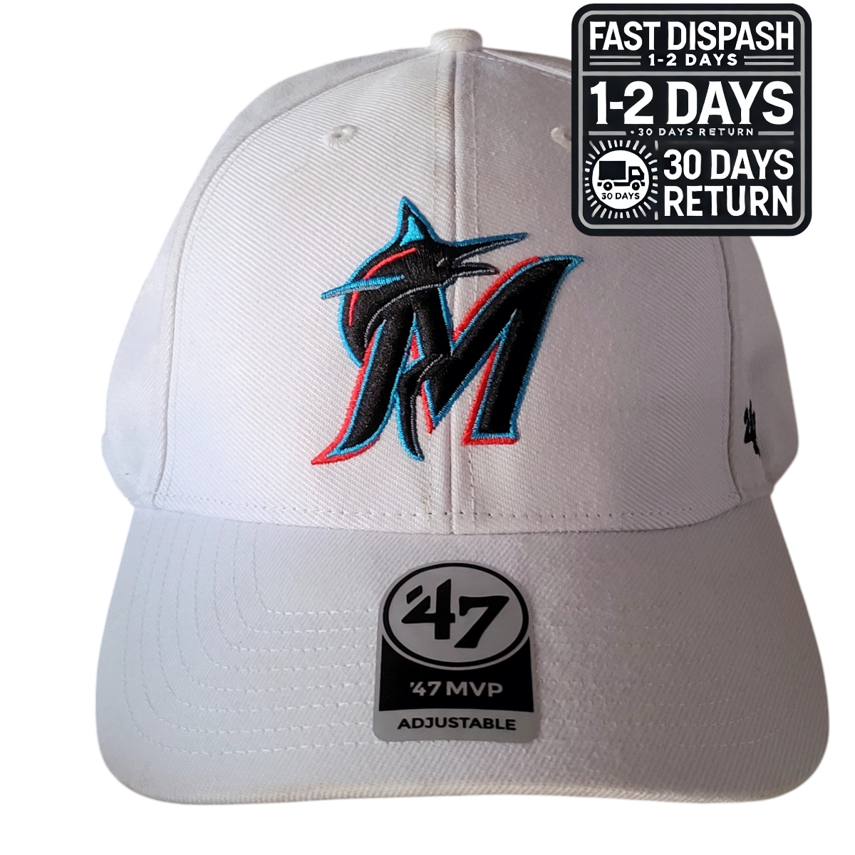 a white hat with a miami marlins logo on it