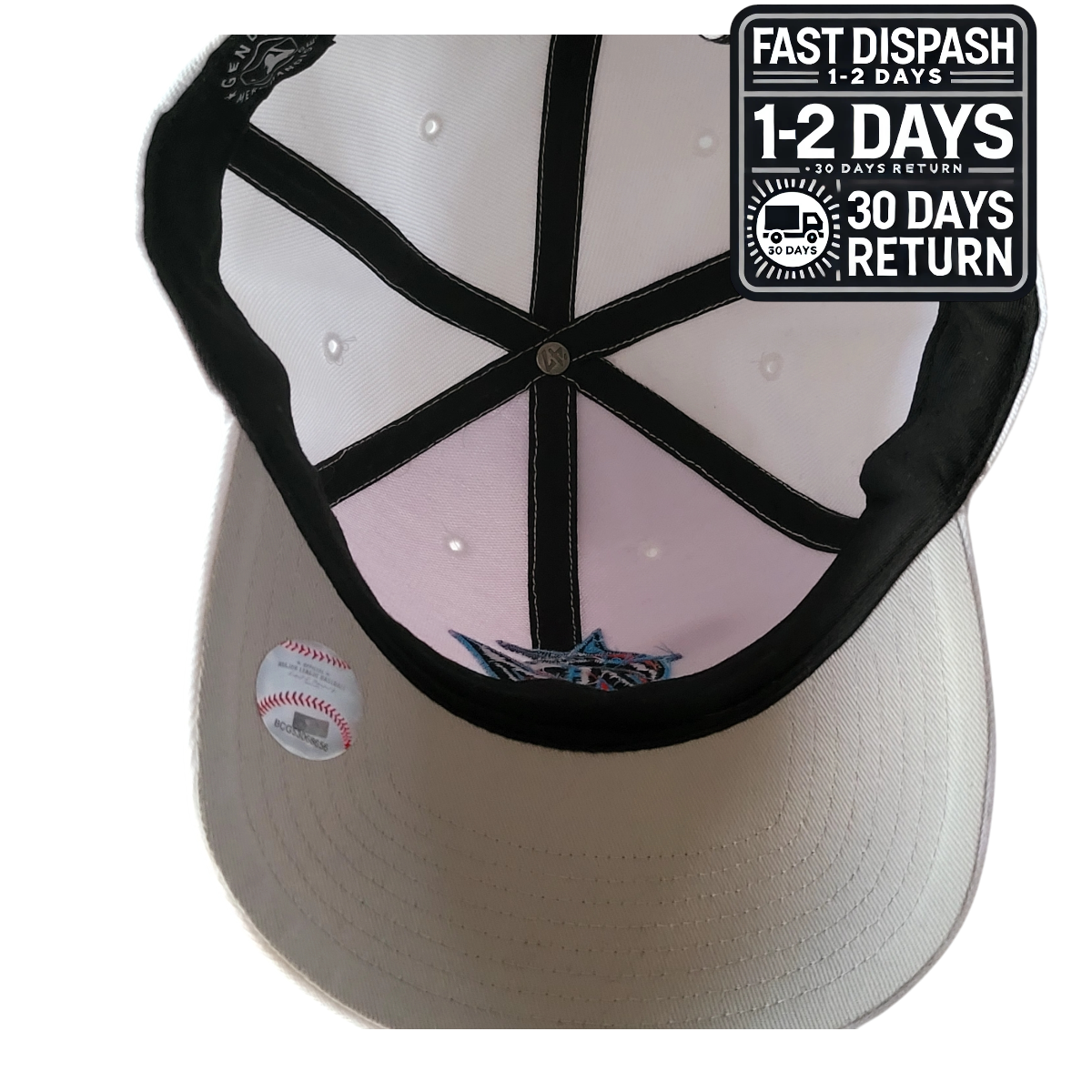 a white and black baseball hat with a fast dispatch sticker on it