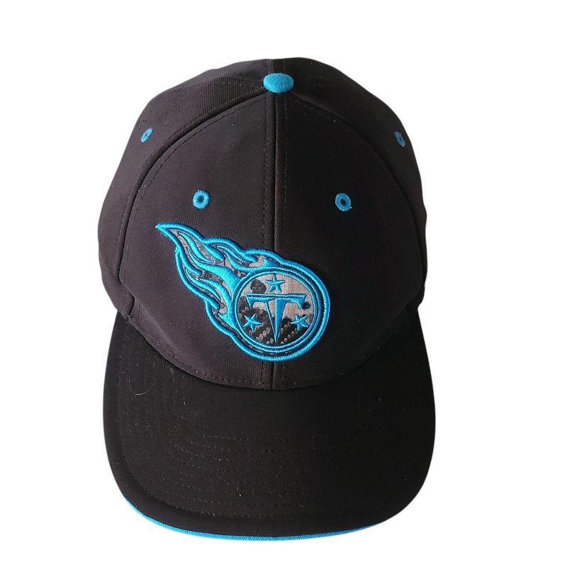 a black hat with a blue flame on it