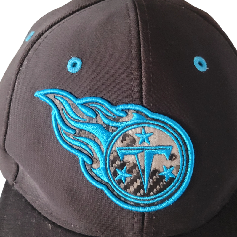 a black hat with a blue flame on it