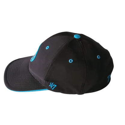 a black hat with blue piping on the side