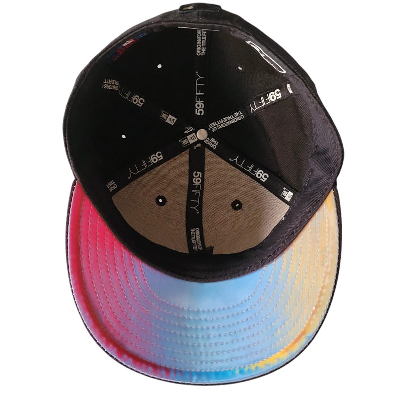 a baseball cap with a multicolored visor