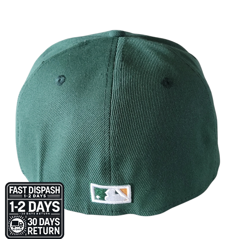 a green hat with a white patch on it