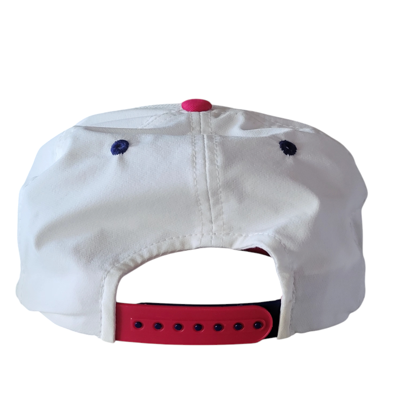 a white hat with a red band around the brim