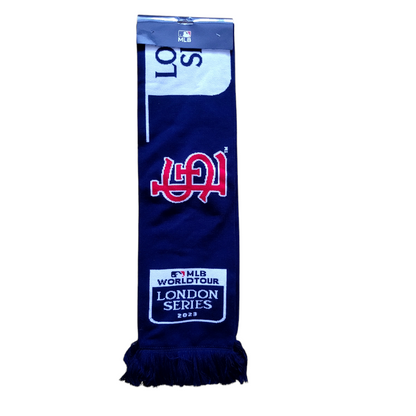 a blue scarf with a red and white logo on it