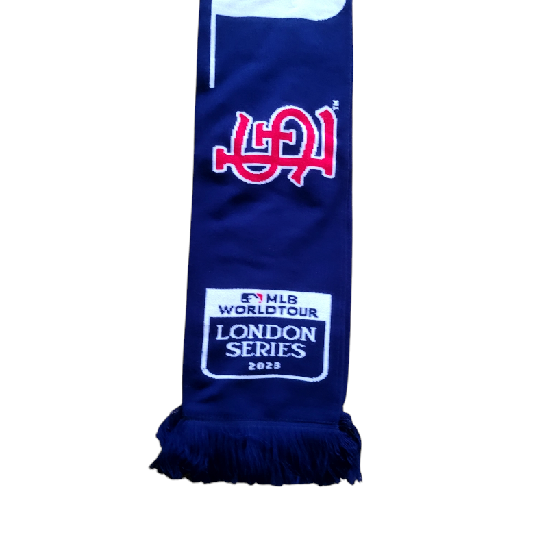 a blue scarf with a red and white logo on it