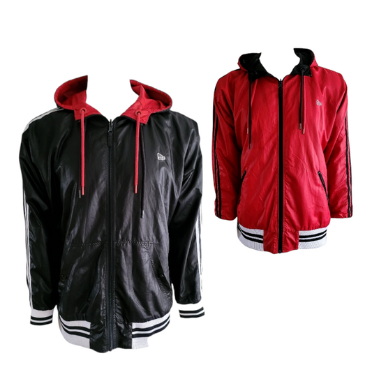 a black and red jacket with a hoodie on it