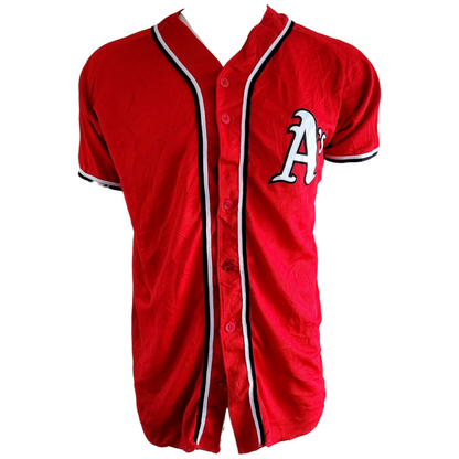 a red baseball jersey with the letter a on it