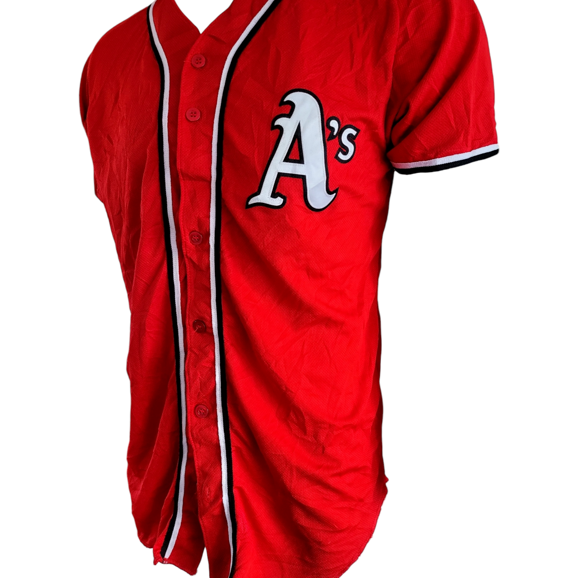 a red baseball jersey with the letter a's on it