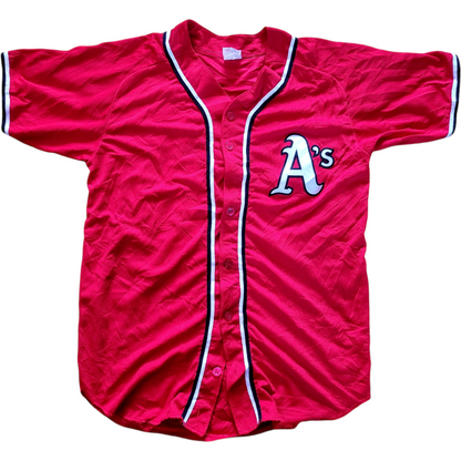 a red baseball jersey with the letter a's on it