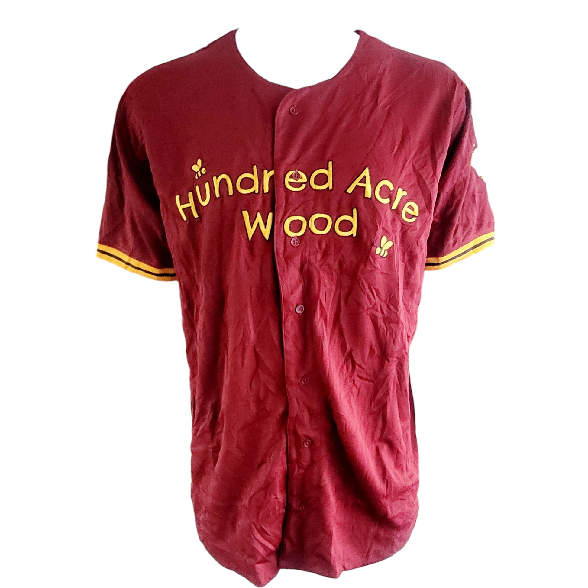 a red baseball jersey with yellow writing on it