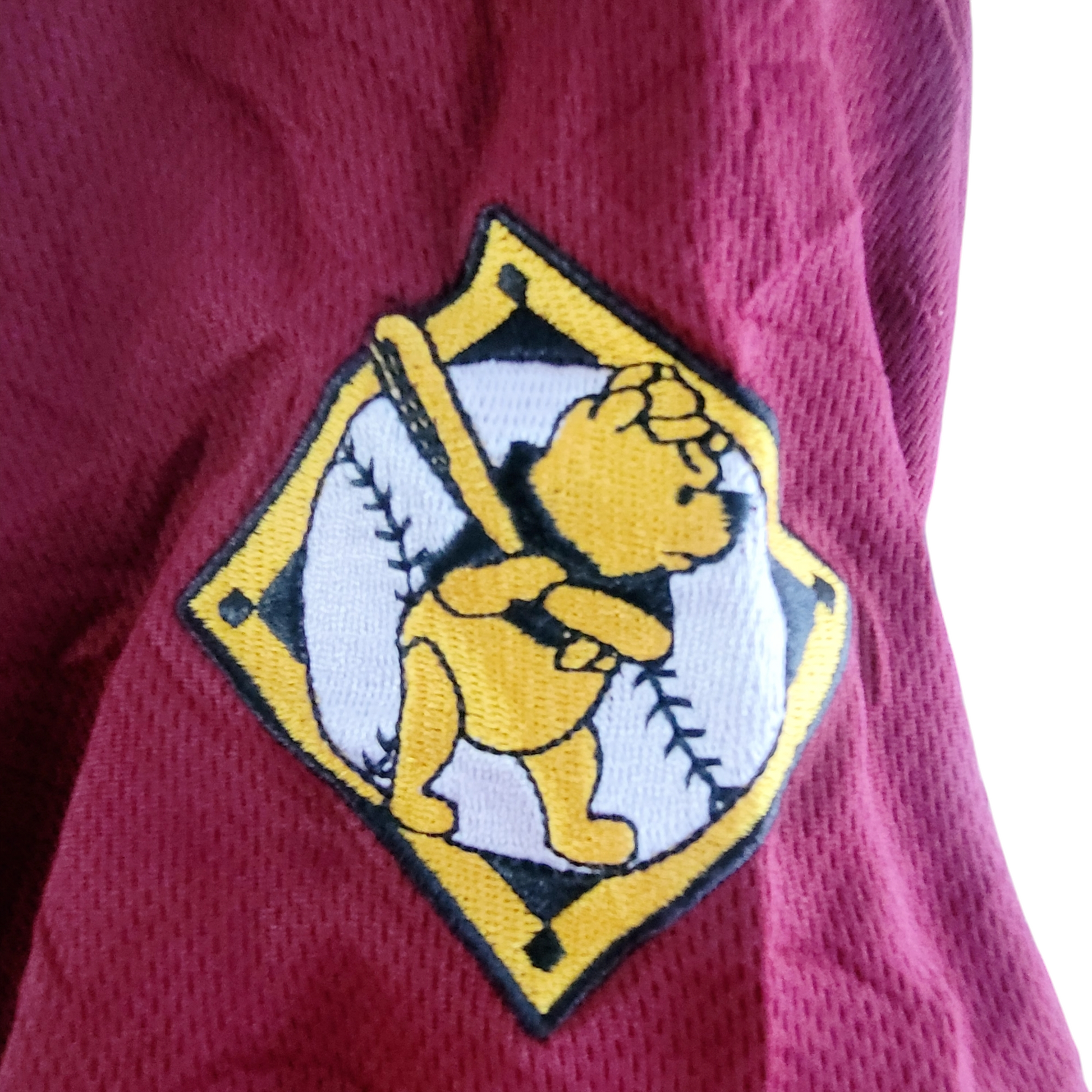 a close up of a baseball uniform with a bear on it