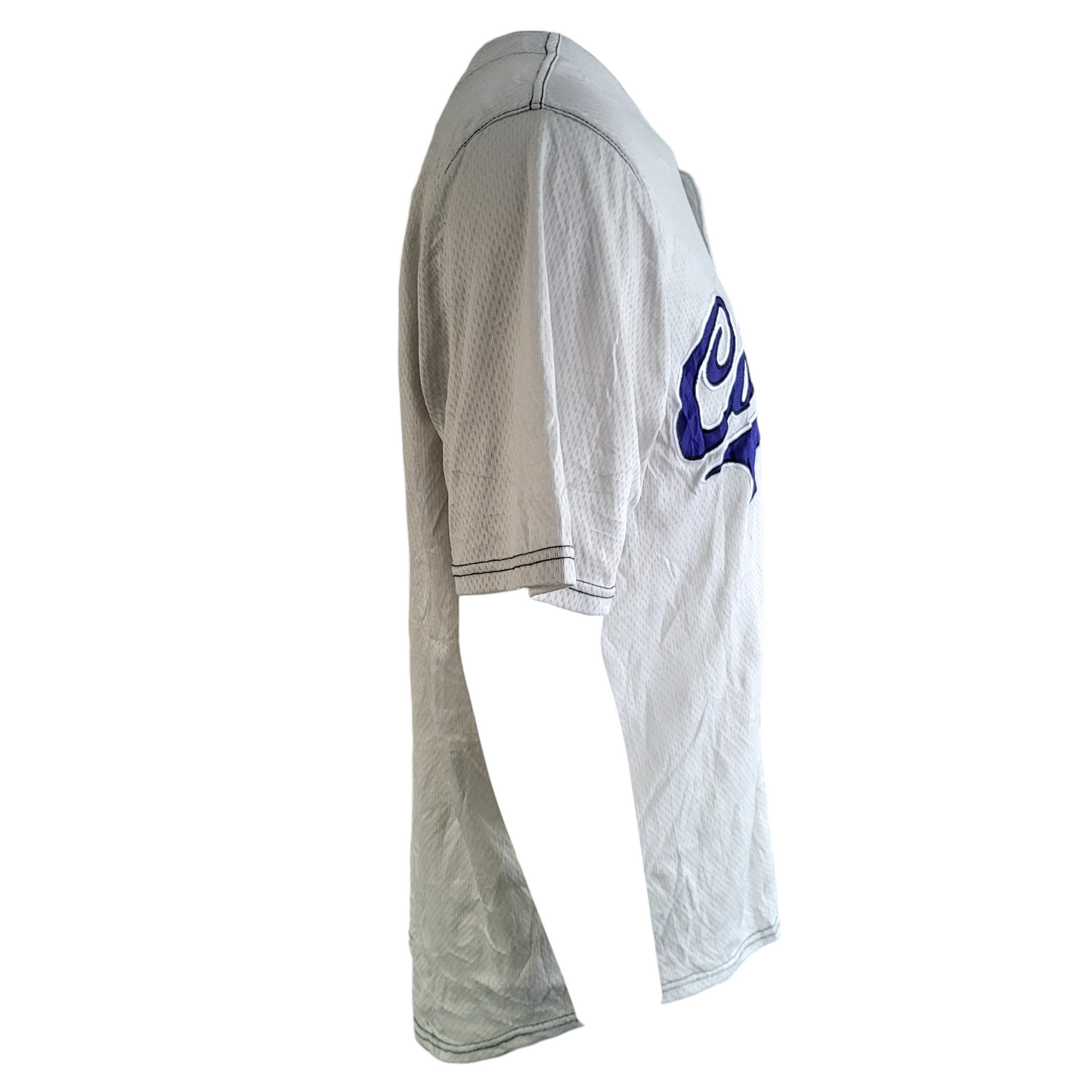 a white baseball jersey with a blue logo on it