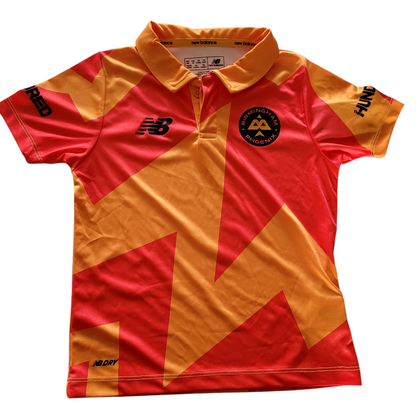 a red and yellow polo shirt with a black and white logo