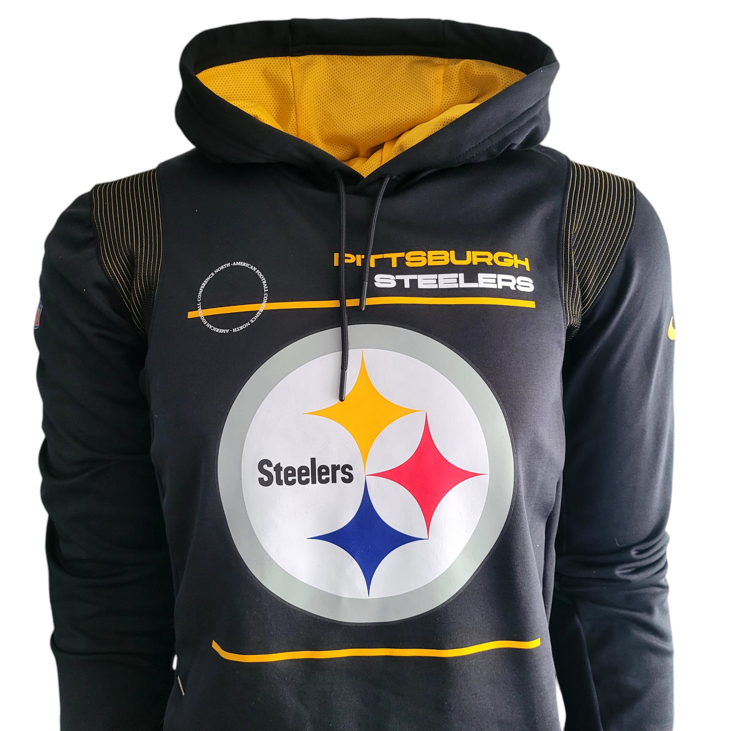 Pittsburgh Steelers Hoodie by Nike, Dri-FIT Technology, Small, Black with Zipped Pockets - USASTARFASHION