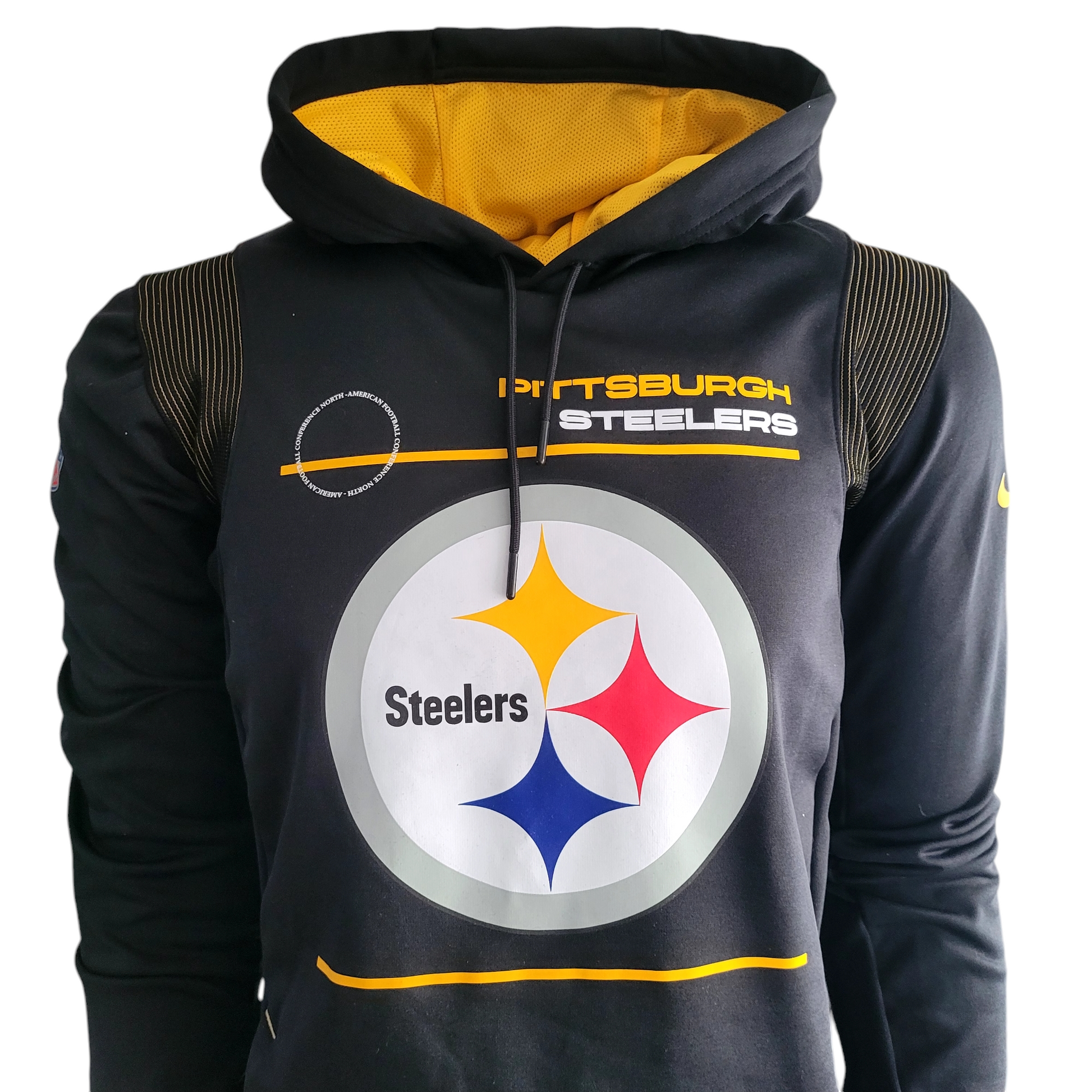 Pittsburgh Steelers Hoodie by Nike, Dri-FIT Technology, Small, Black with Zipped Pockets - USASTARFASHION