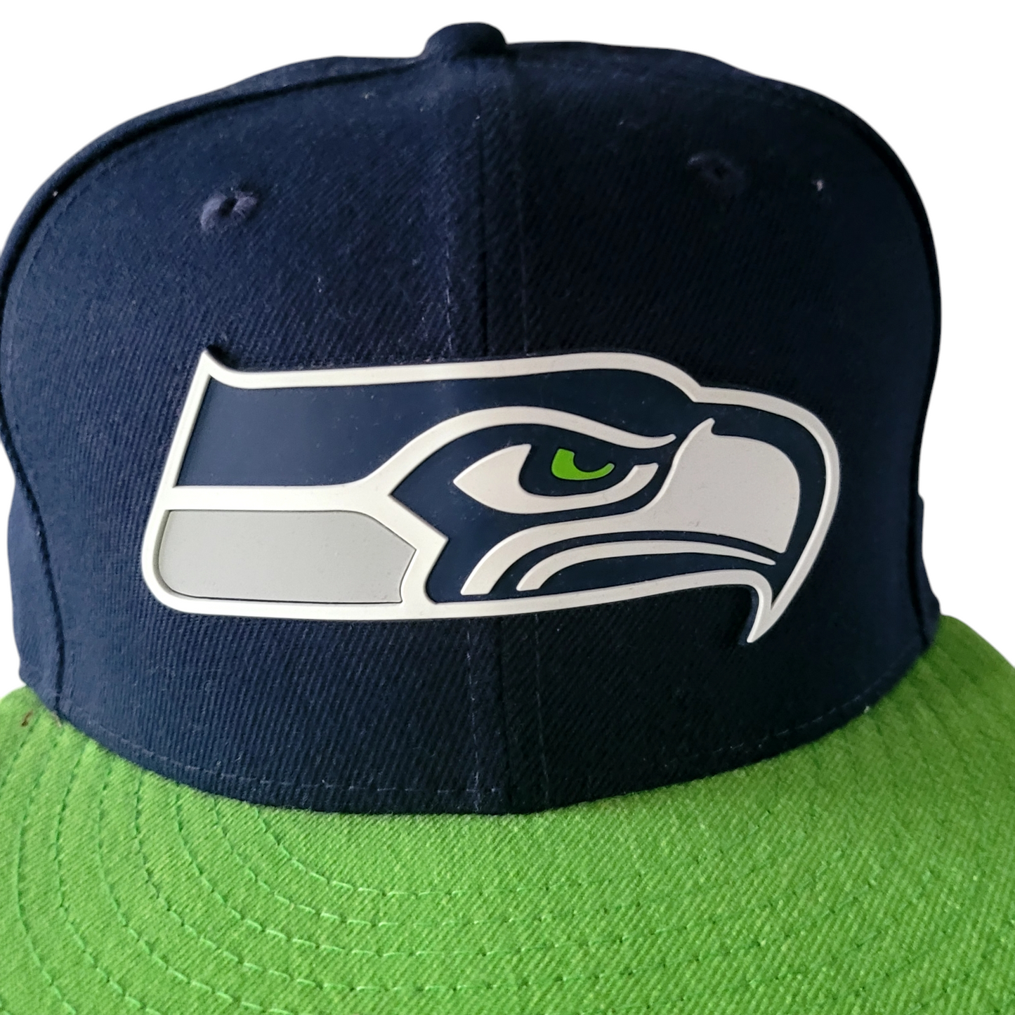 New Era Seattle Seahawks Fitted Hat 59FIFTY - Navy Blue/Neon Green, Size 7 3/8, Great Condition - USASTARFASHION