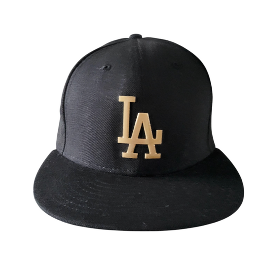 Los Angeles Dodgers New Era Fitted Cap - Black With Gold Metal "LA" Logo, Size 7 3/8 - USASTARFASHION