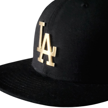 Los Angeles Dodgers New Era Fitted Cap - Black With Gold Metal "LA" Logo, Size 7 3/8 - USASTARFASHION