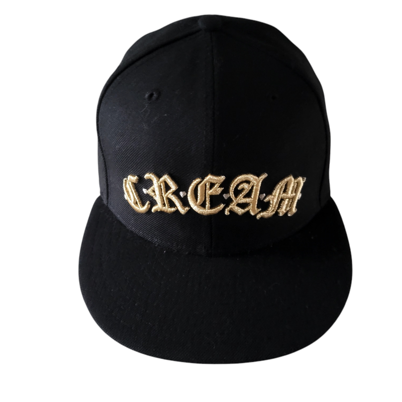 New Era Cap Size 7 3/8 - Black Fitted Hat with Gold C.R.E.A.M Gothic Script Embroidery - USASTARFASHION