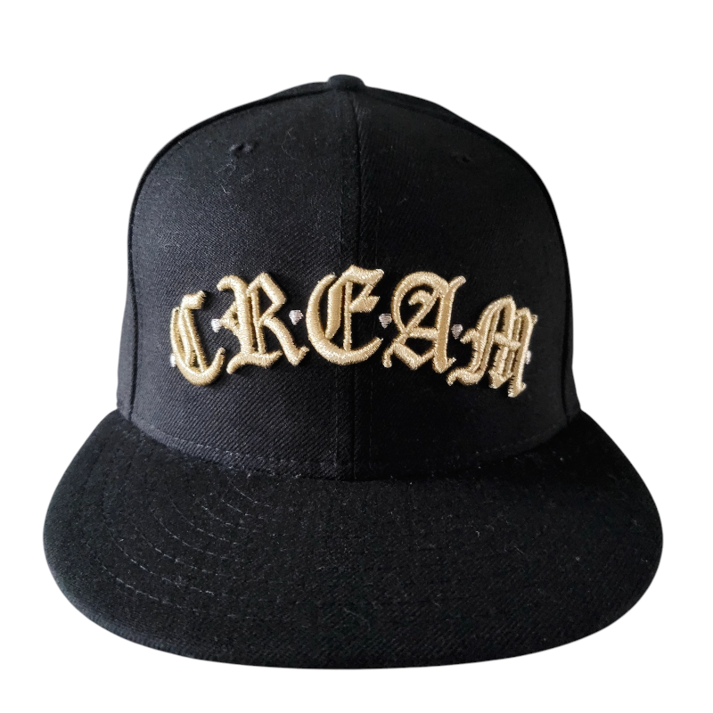 New Era Cap Size 7 3/8 - Black Fitted Hat with Gold C.R.E.A.M Gothic Script Embroidery - USASTARFASHION