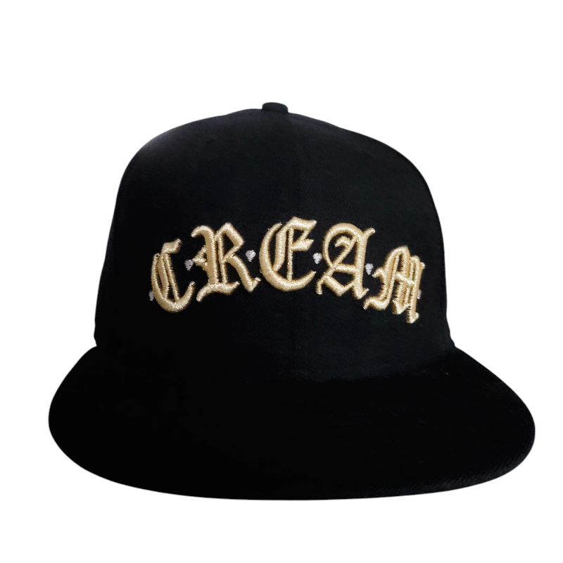 New Era Cap Size 7 3/8 - Black Fitted Hat with Gold C.R.E.A.M Gothic Script Embroidery - USASTARFASHION