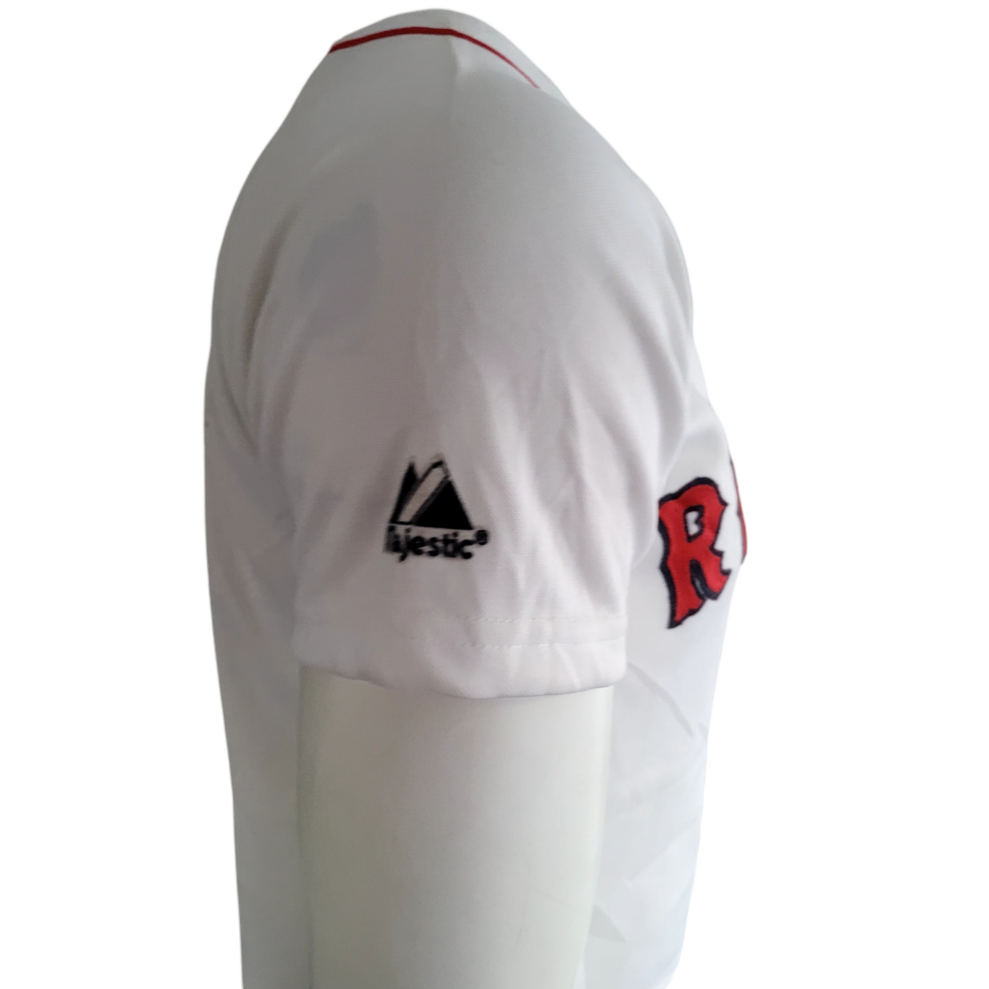 a white shirt with a red and black logo on it