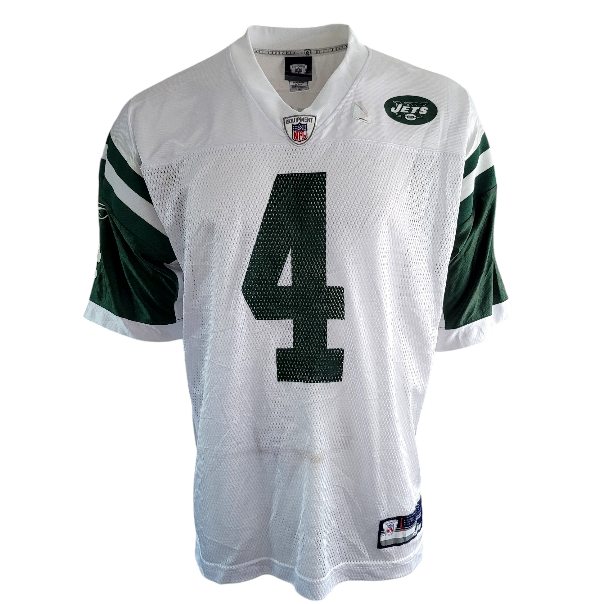 Brett Favre New York Jets #4 Jersey Reebok Men’s Large L NFL Authentic White Green Excellent Condition - USASTARFASHION