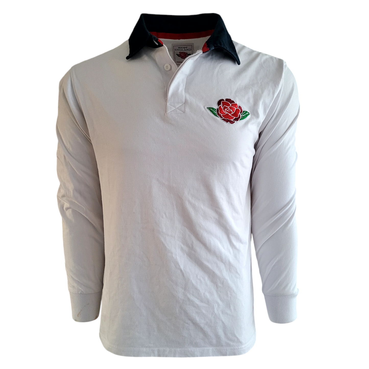 Vintage England Rugby Polo Shirt - White with Red Rose - Size M - USASTARFASHION