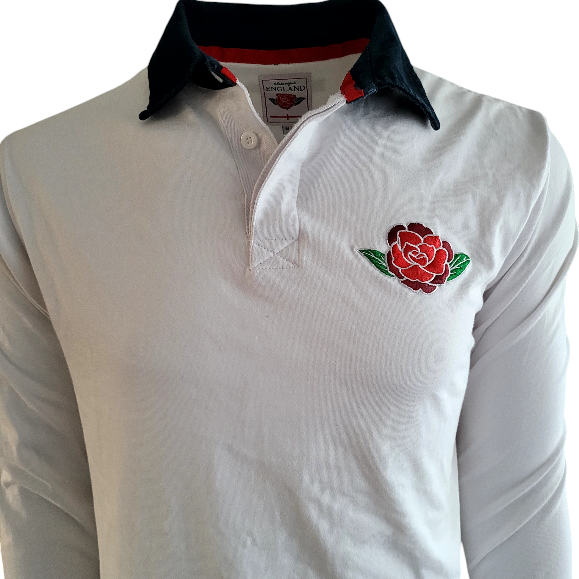 Vintage England Rugby Polo Shirt - White with Red Rose - Size M - USASTARFASHION