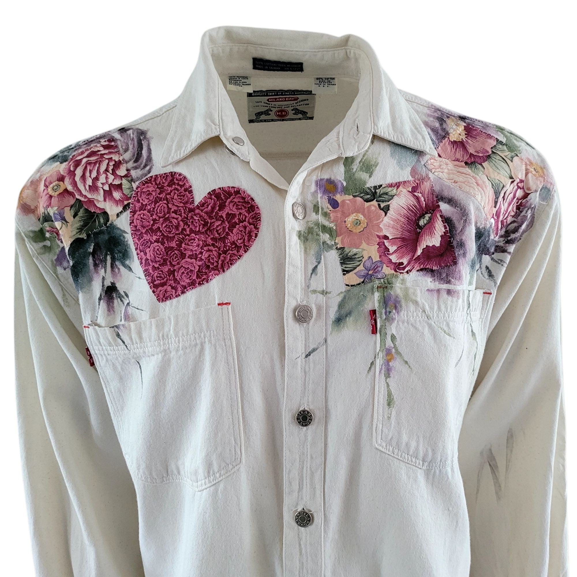 Vintage Milano Bay Western Shirt – White Floral, Size M - USASTARFASHION